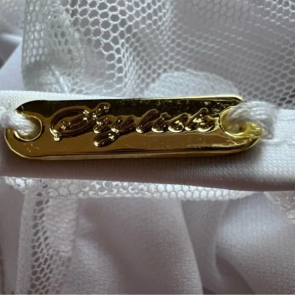 Aura White One Piece Swimsuit Sheer Panels Polka Dots Off Shoulder Size Small - Picture 10 of 11